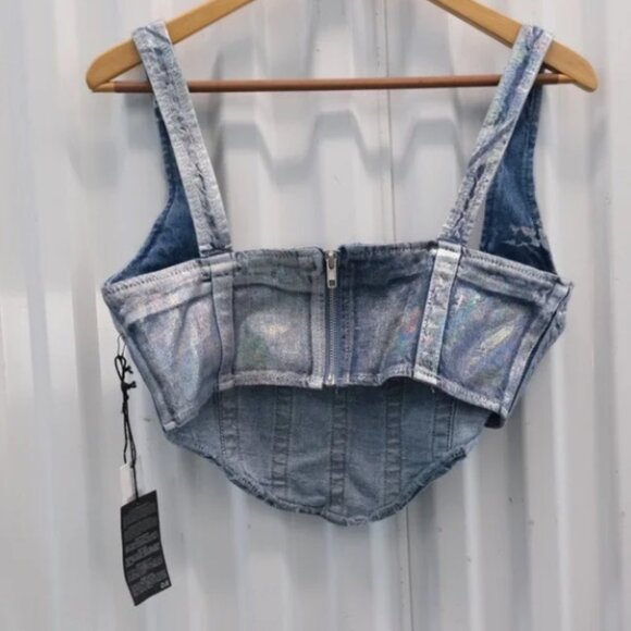 NWT Forever 21 Women's Denim Curved-Hem Top Metallic Stripes Bustier Size M - Picture 2 of 9